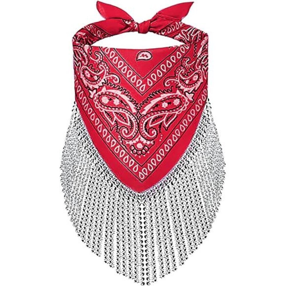 Red Paisley Bandana Scarf with Rhinestone Fringe – Western Festival Accessory